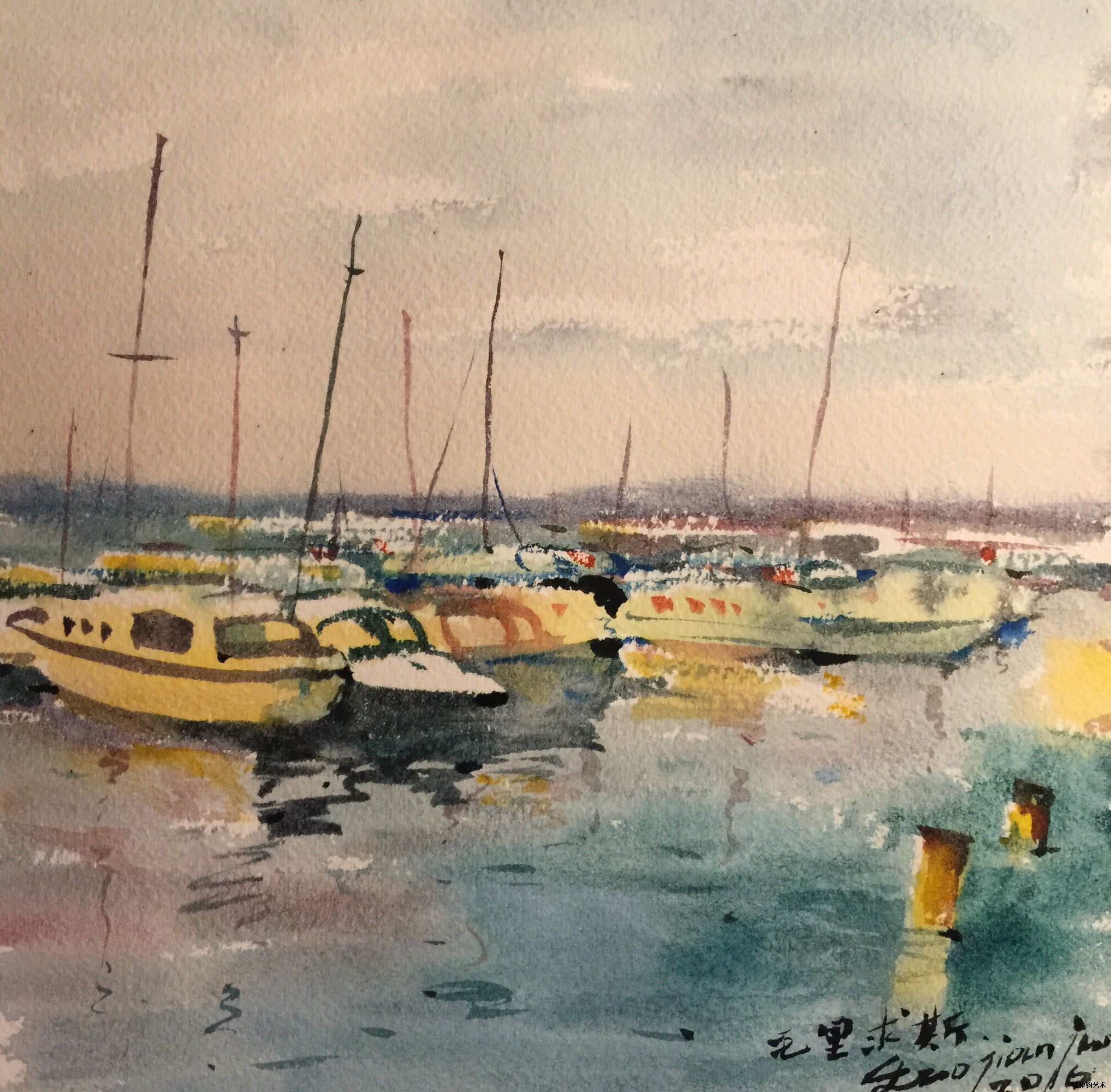 《毛里求斯路易港早中晚》水彩  骆建钧